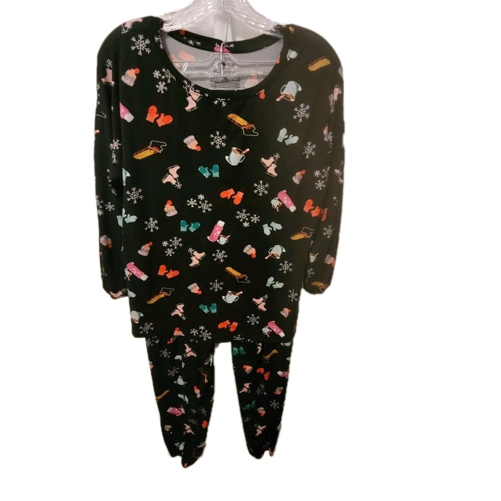 Joyspun Black Holiday Christmas Print Pajama Set Hot Chocolate Long Sleeve S 4-6
